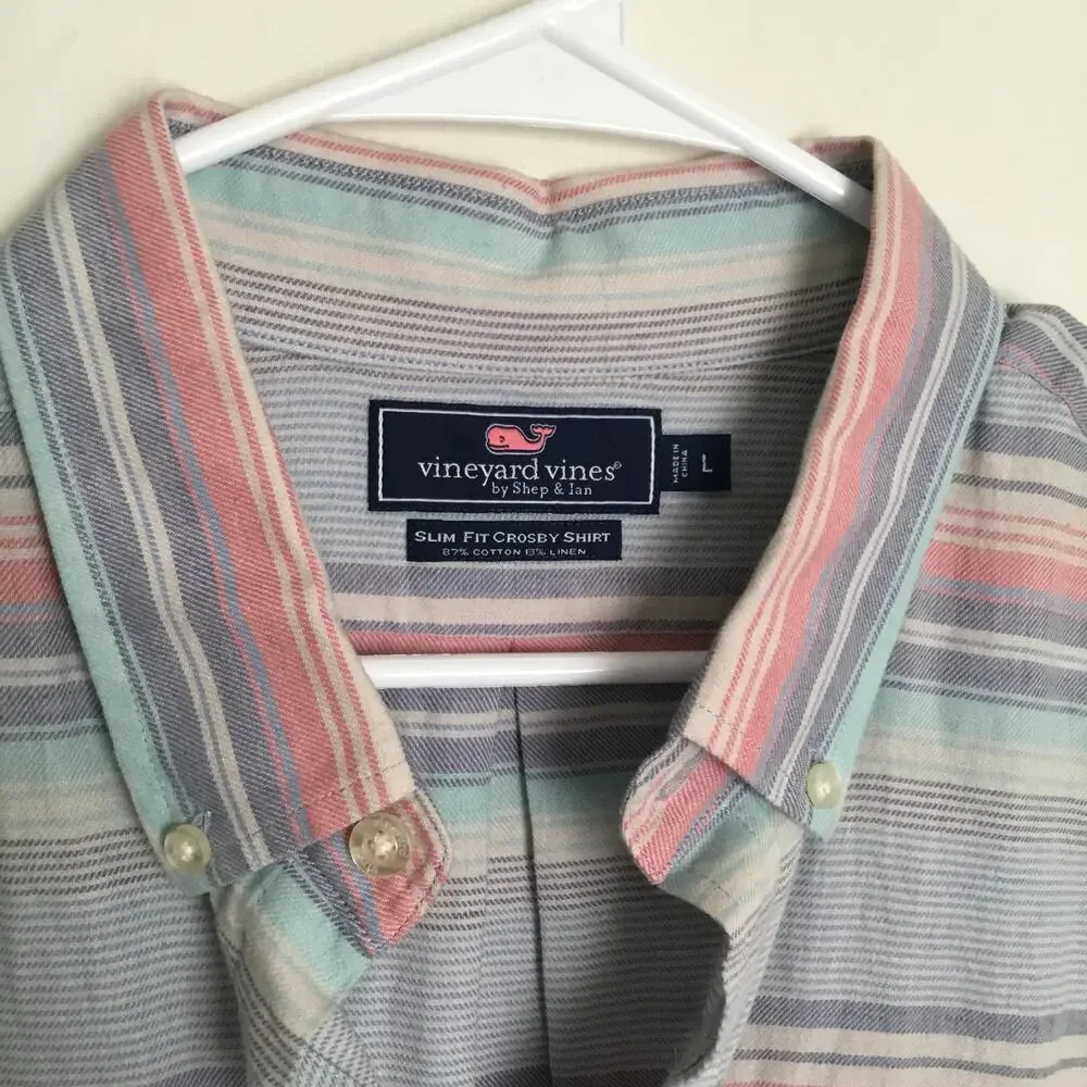 VINEYARD VINES Sunset Lake Stipe Slim Fit Crosby Shirt Cotton Linen blend sz L